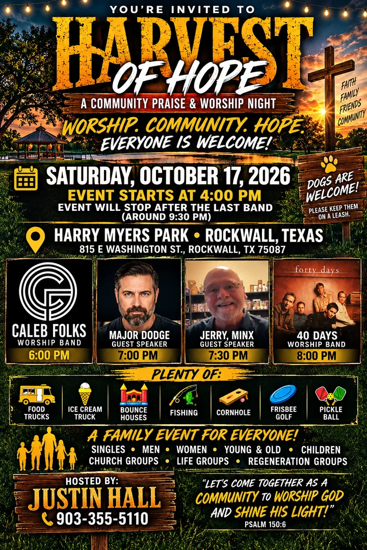 Harvest of Hope — official event flyer: Saturday, October 17, 2026, 4:00 PM, Harry Myers Park, Rockwall, Texas